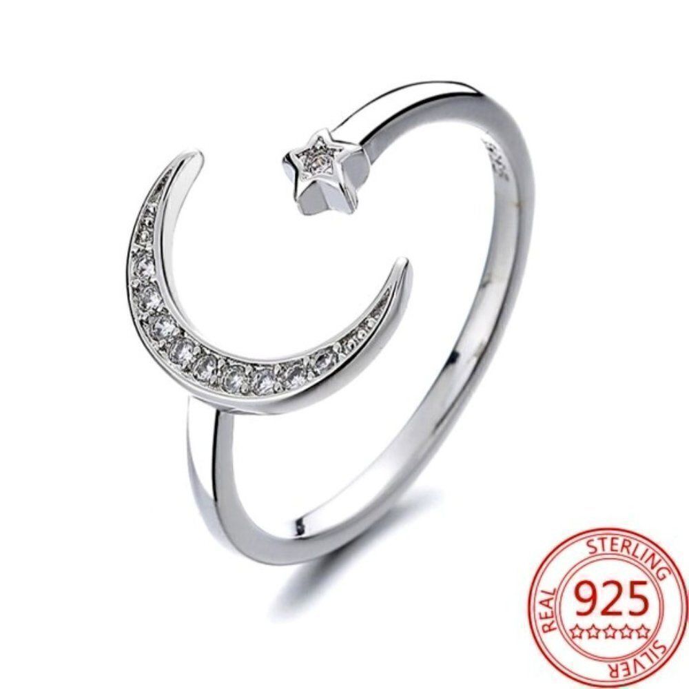 STERLING SILVER DIAMOND CRESENT MOON AND STAR RING